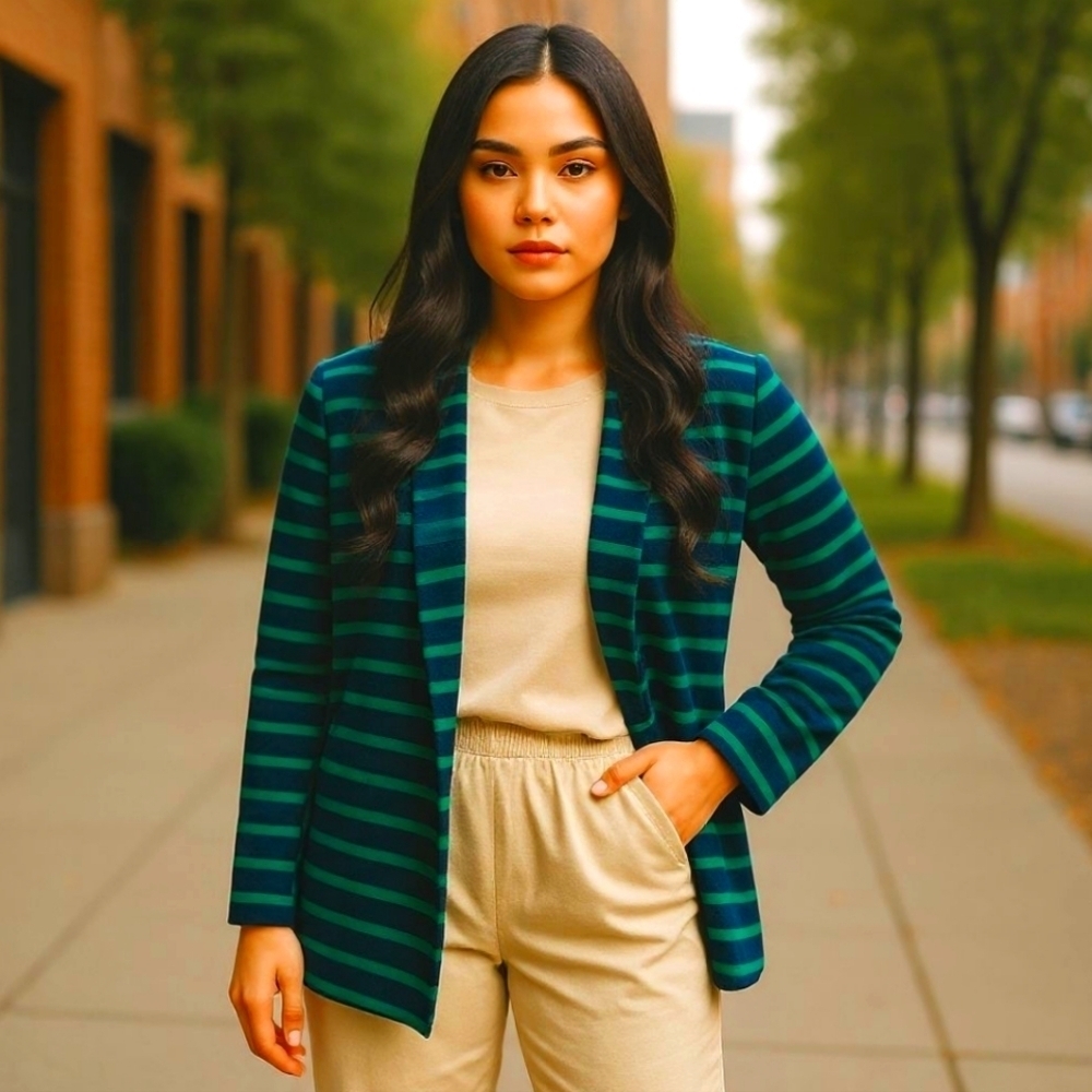 DKR Co Vibrant Knit Black & Green Striped Tuxedo Front Cardigan Sweater Jacket S